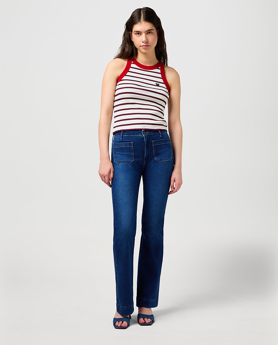 Vaquero campana de mujer Flare de tiro medio en color azul