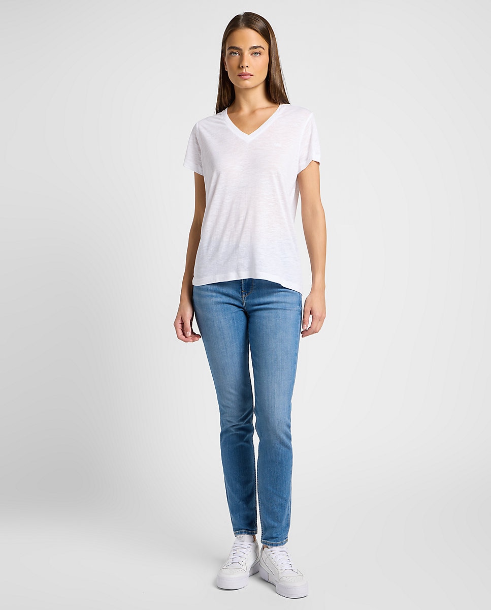 Camiseta de mujer de manga corta con cuello de pico - Lee - Blanco Blanco-3