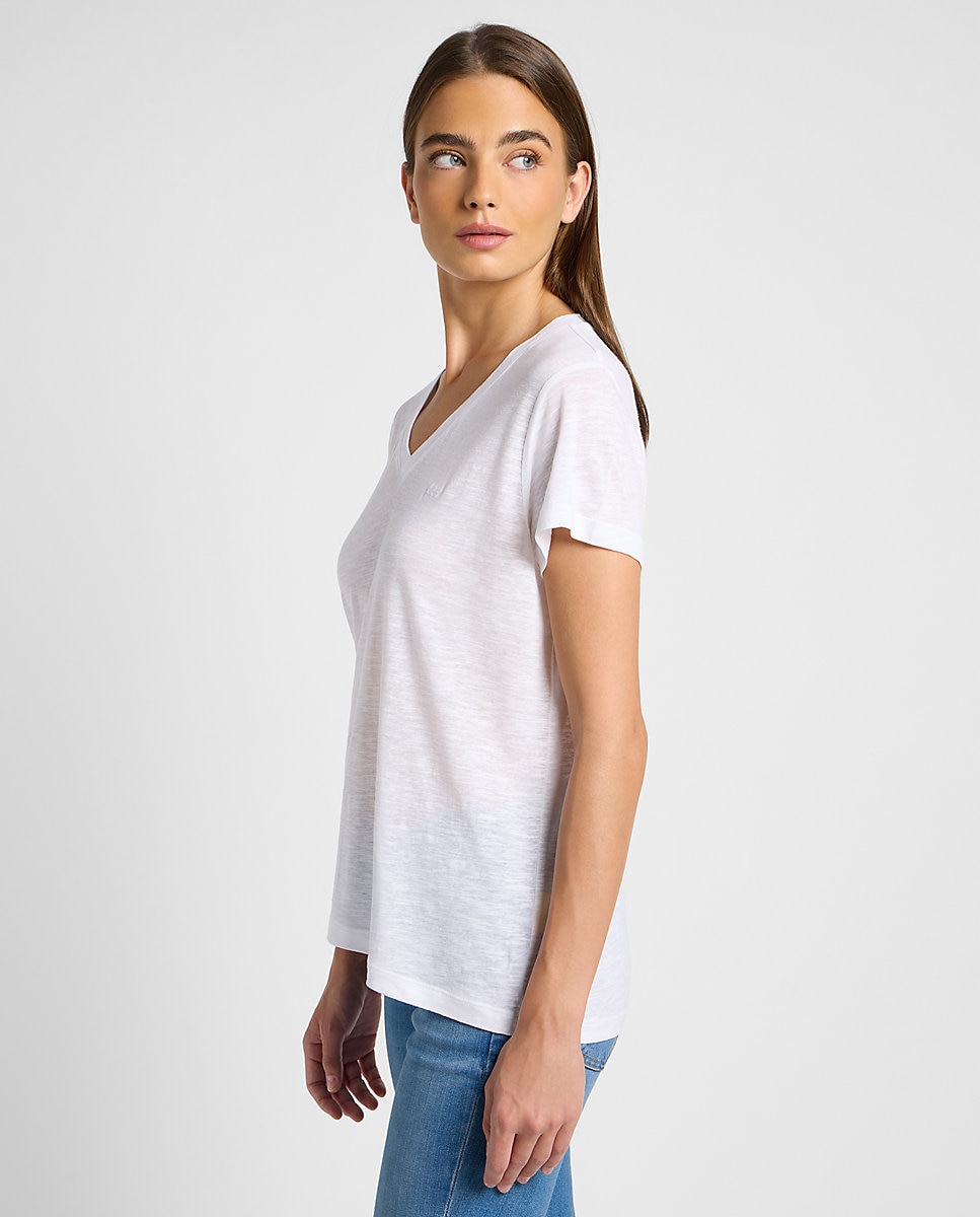Camiseta de mujer de manga corta con cuello de pico - Lee - Blanco Blanco-4