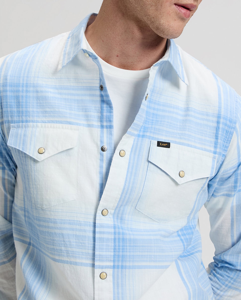 Camisa de hombre de manga larga de cuadros - Lee - Azul / Blanco Azul / Blanco-5
