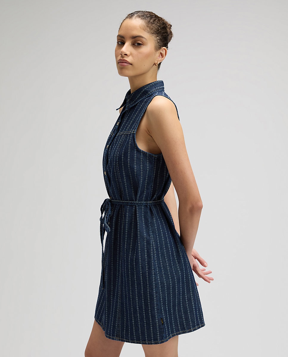 Vestido vaquero corto sin mangas con cuello camisero - Lee - Azul Azul-4