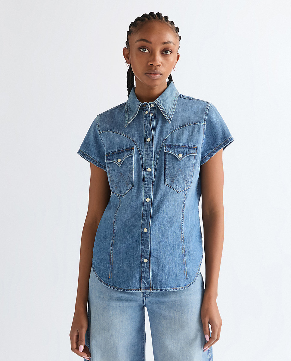 Camisa vaquera de manga corta de mujer en azul - Wrangler - Azul denim Azul denim-1