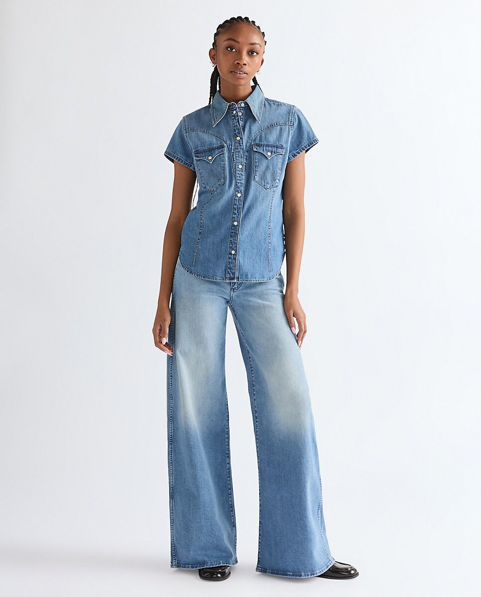 Camisa vaquera de manga corta de mujer en azul - Wrangler - Azul denim Azul denim-3