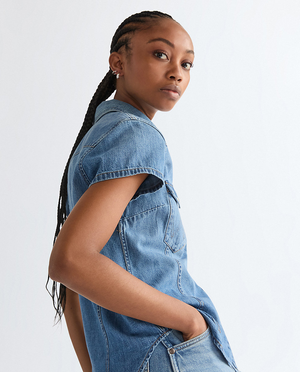 Camisa vaquera de manga corta de mujer en azul - Wrangler - Azul denim Azul denim-4