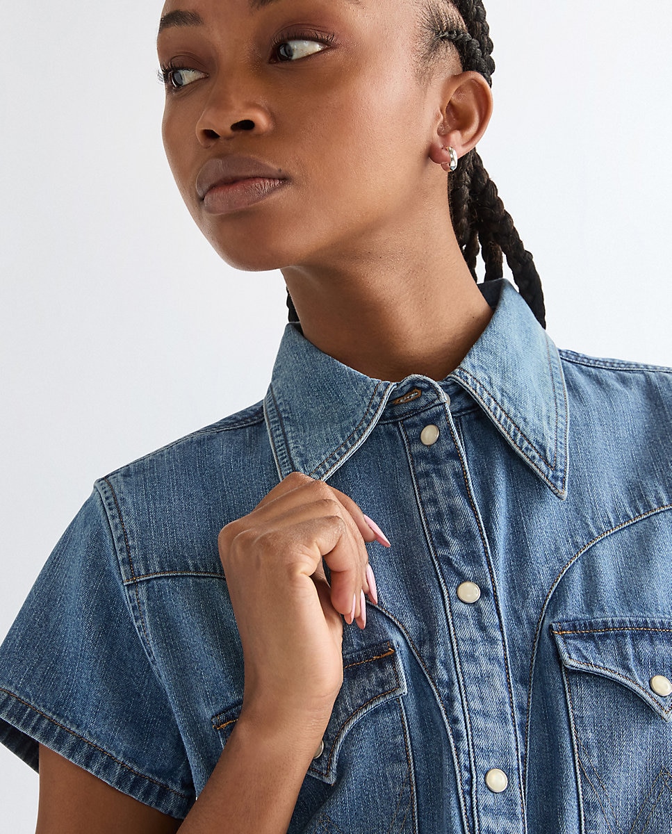 Camisa vaquera de manga corta de mujer en azul - Wrangler - Azul denim Azul denim-5