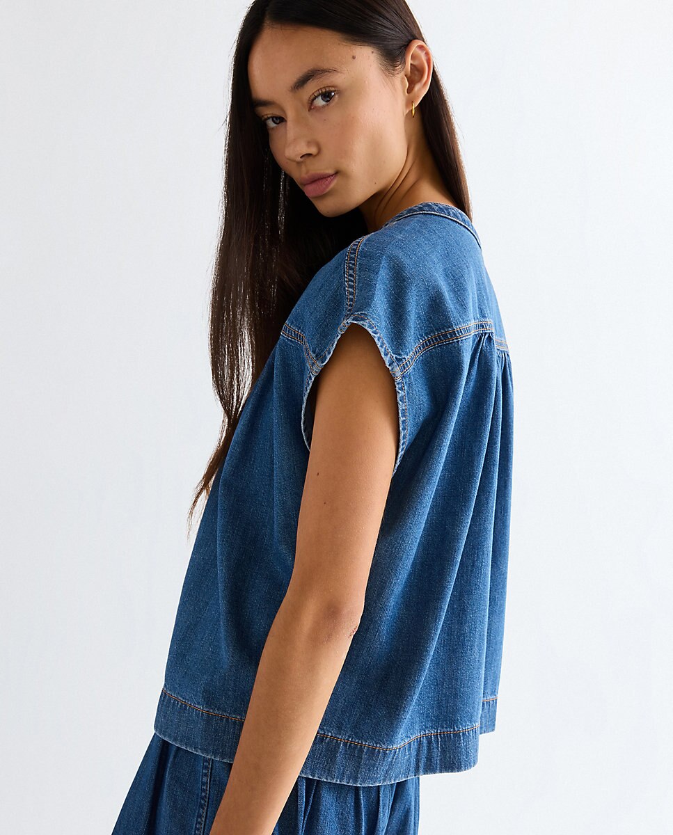 Camisa vaquera de manga corta de mujer en azul - Wrangler - Azul denim Azul denim-5