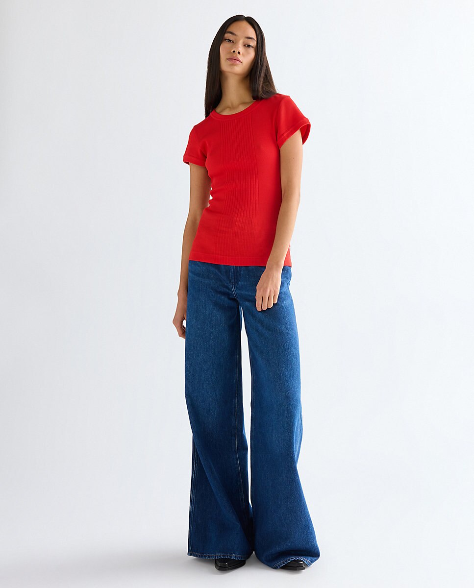 Camiseta de mujer de manga corta con detalles de canalé - Wrangler - Rojo Rojo-3