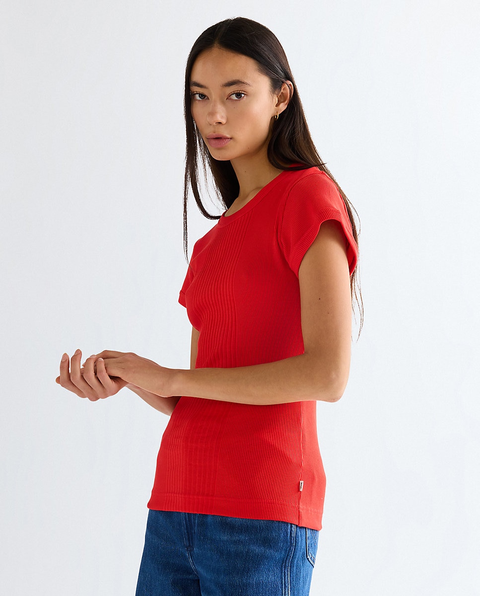 Camiseta de mujer de manga corta con detalles de canalé - Wrangler - Rojo Rojo-5