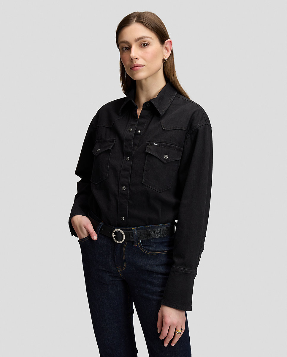 Camisa de mujer con canesús en punta y bolsillos con solapa - Lee - Negro Negro-1