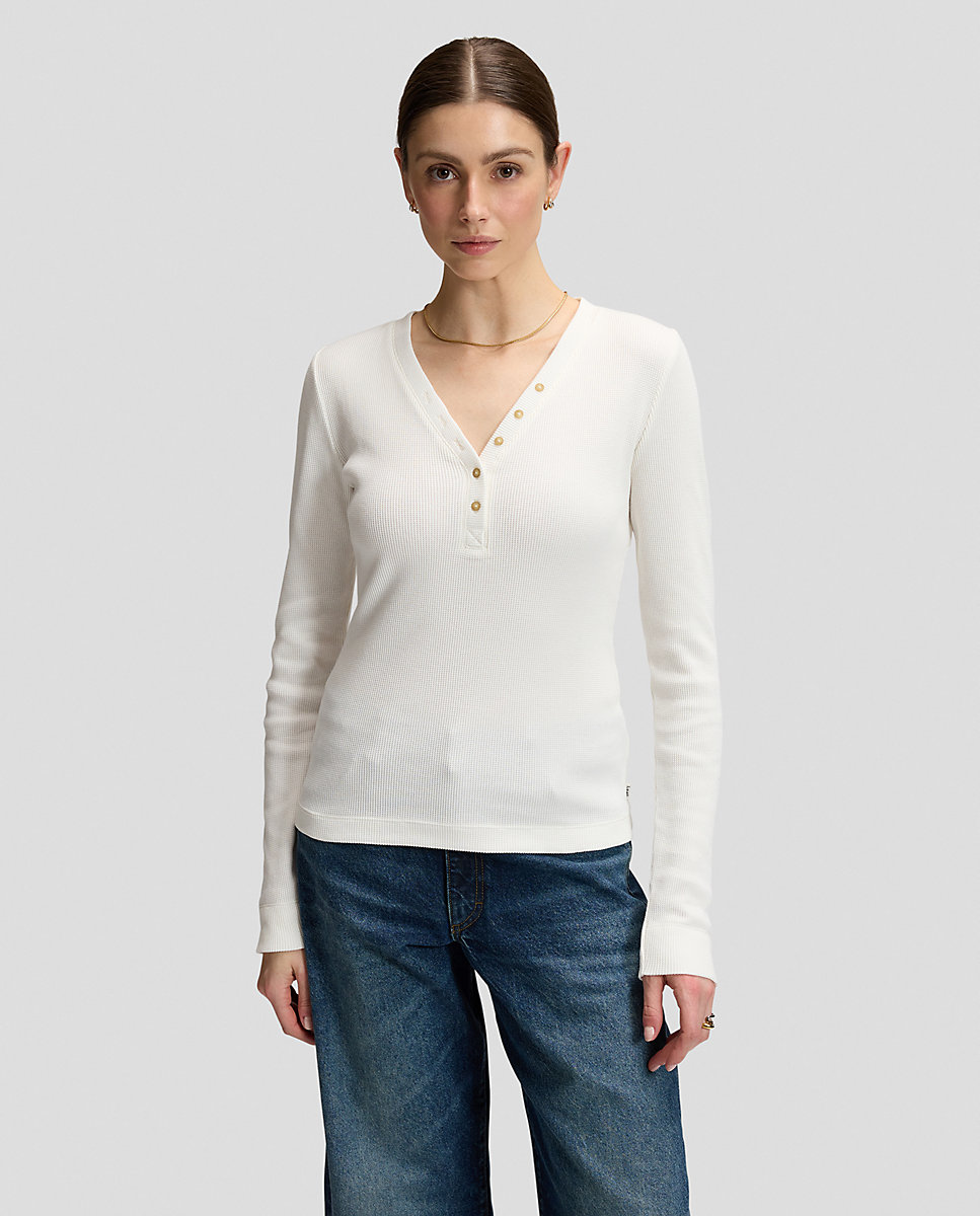 Camiseta de mujer de manga larga en tejido waffle - Lee - Blanco Blanco-1