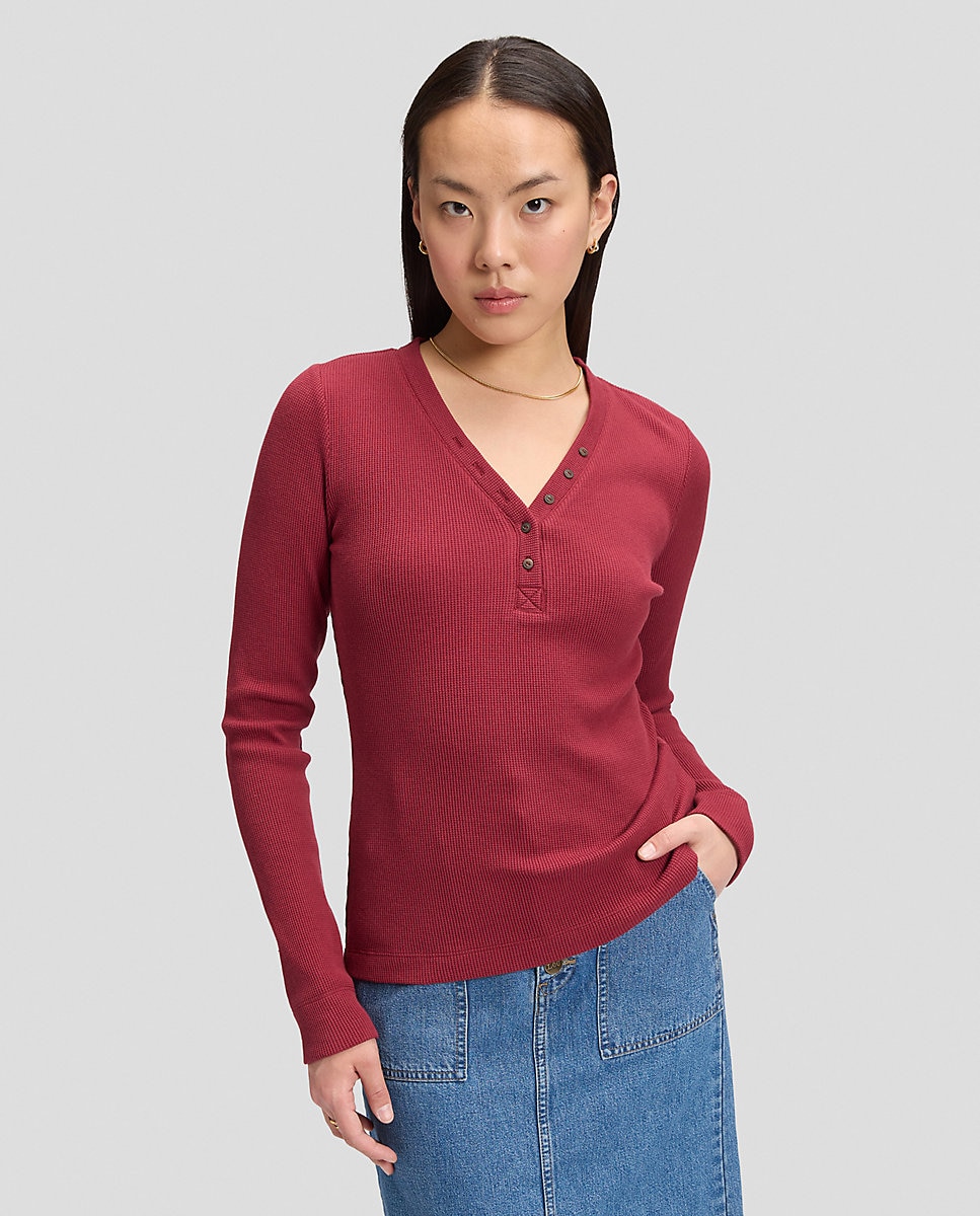 Camiseta de mujer de manga larga en tejido waffle - Lee - Rojo Rojo-1