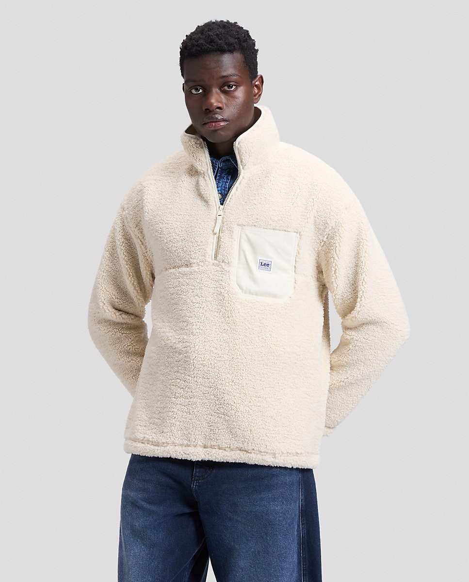 Imagen 0 de Sudadera con cremallera en el cuello de hombre en blanco con etiqueta workwear en el pecho Blanco