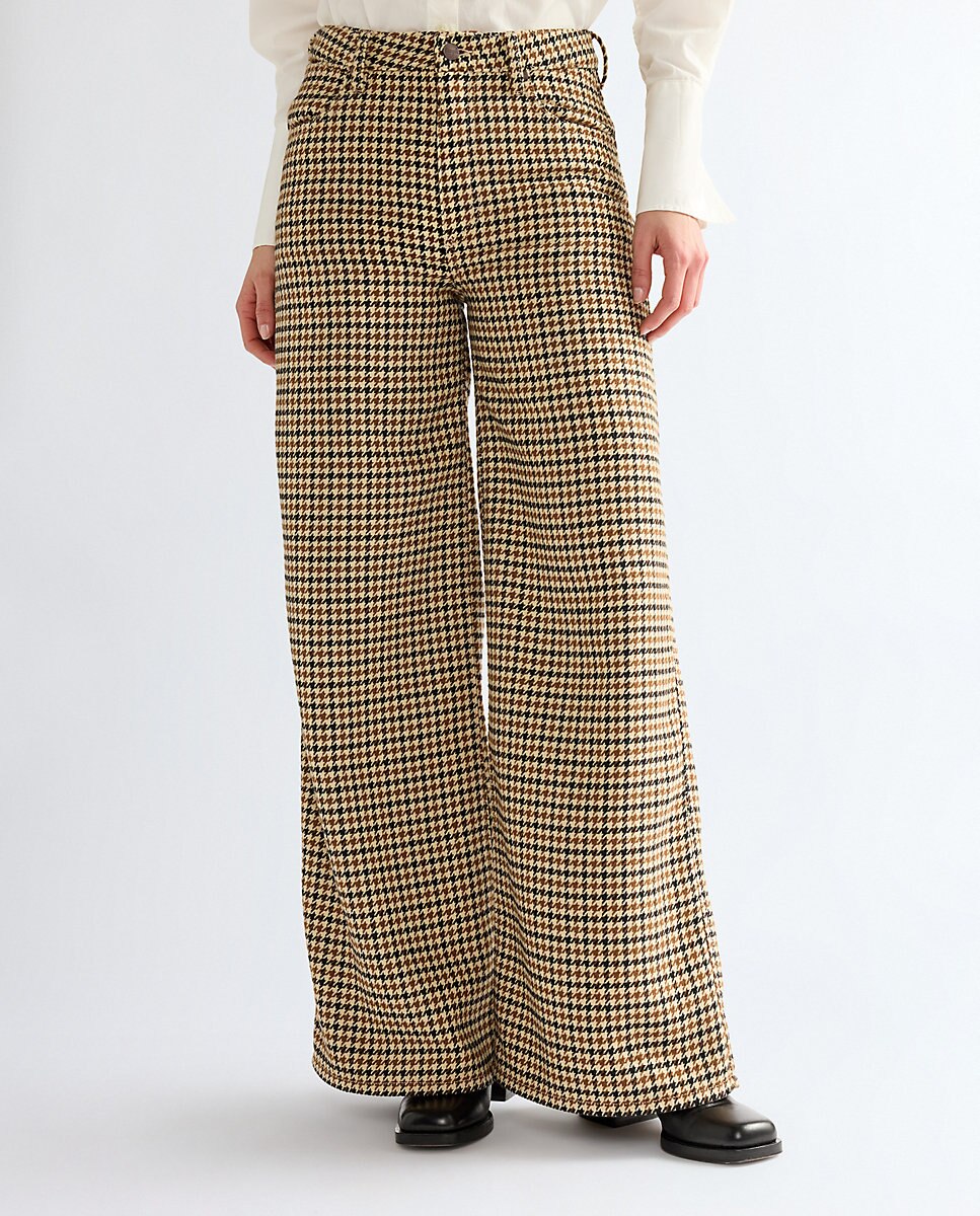 Imagen 0 de Pantalon de mujer canyon de corte ancho y cintura alta estampado de pata de gallo Marrón