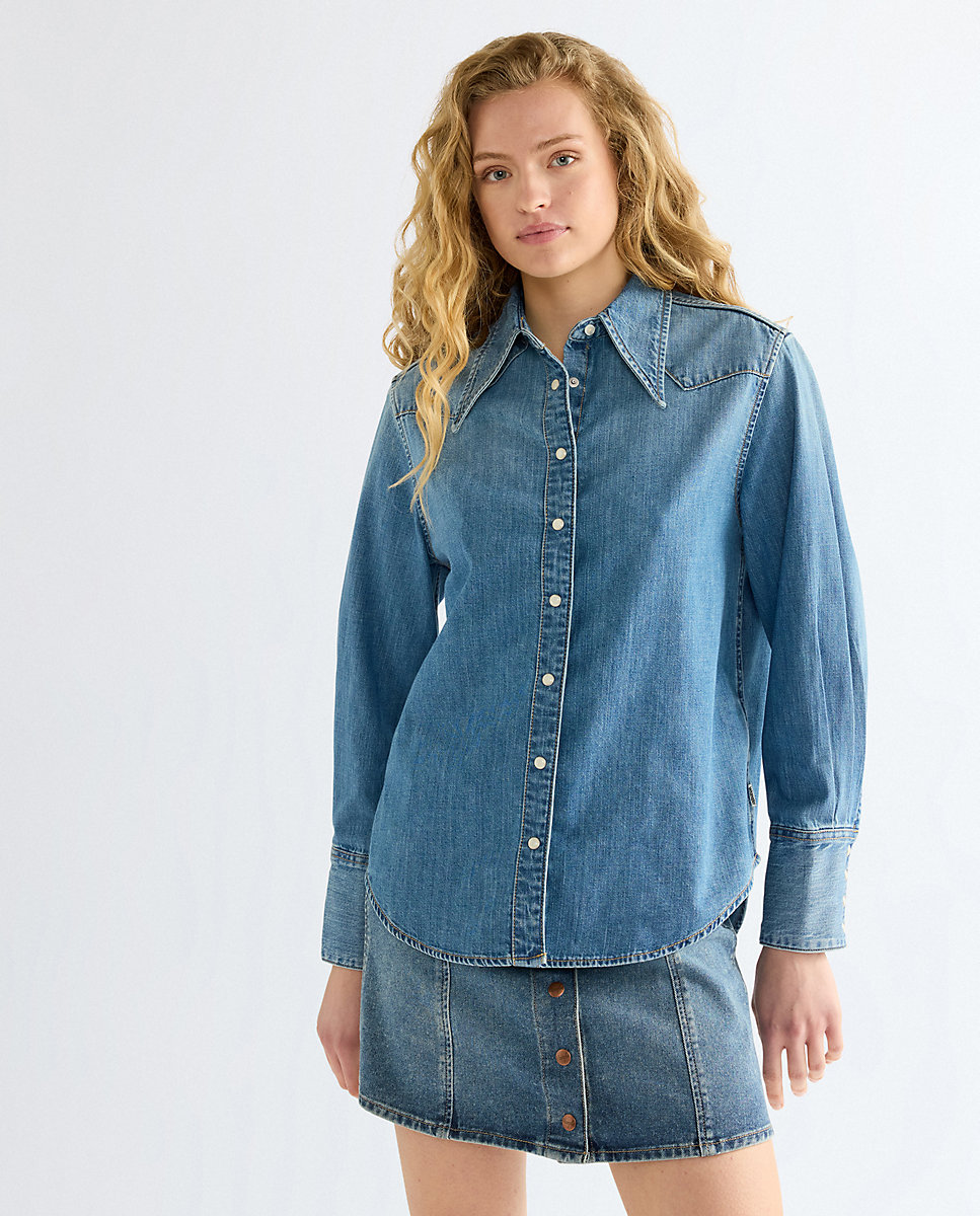 Camisa vaquera de mujer con cierres de remache y cuello en punta - Wrangler - Azul Azul-1