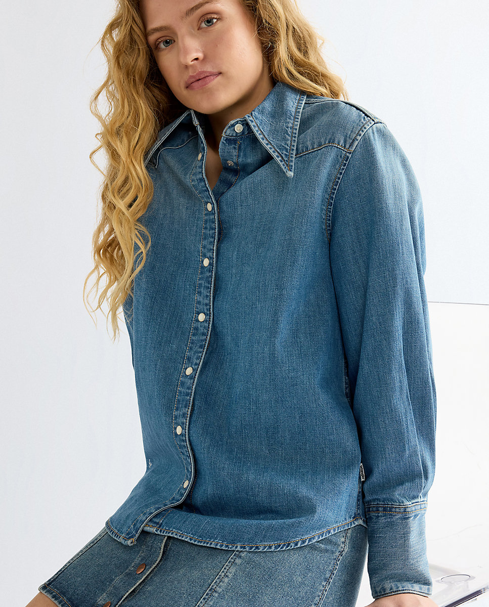 Camisa vaquera de mujer con cierres de remache y cuello en punta - Wrangler - Azul Azul-5