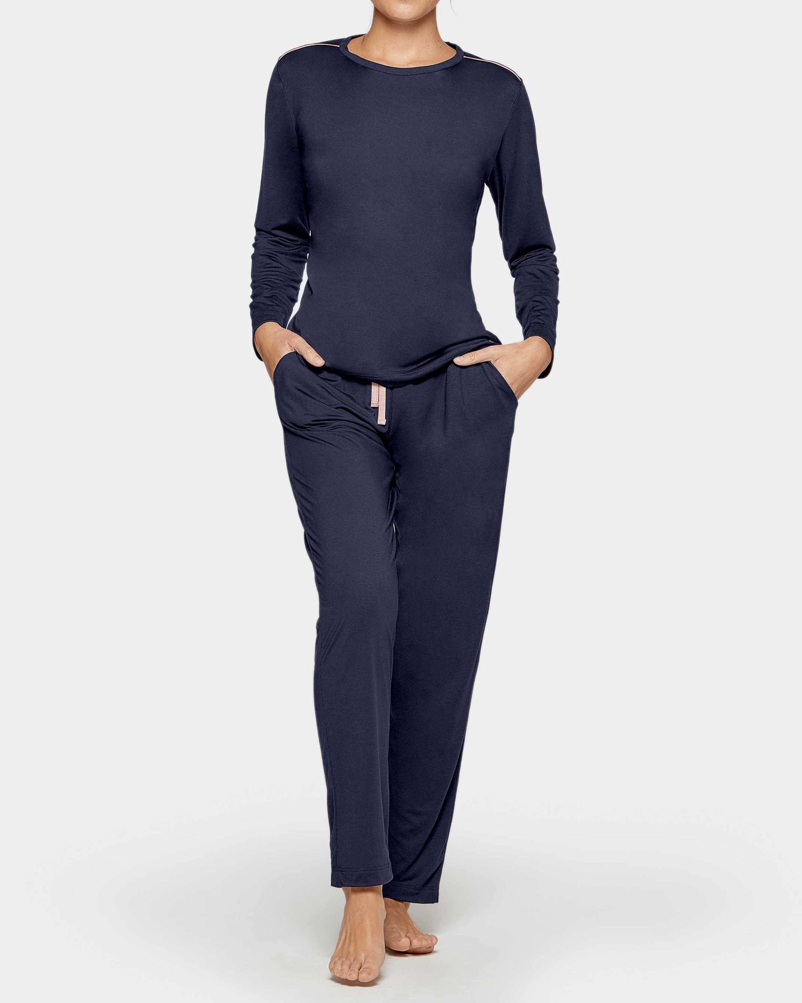Pijama de mujer largo liso con cordón en cintura - Impetus - Azul marino Azul marino-1