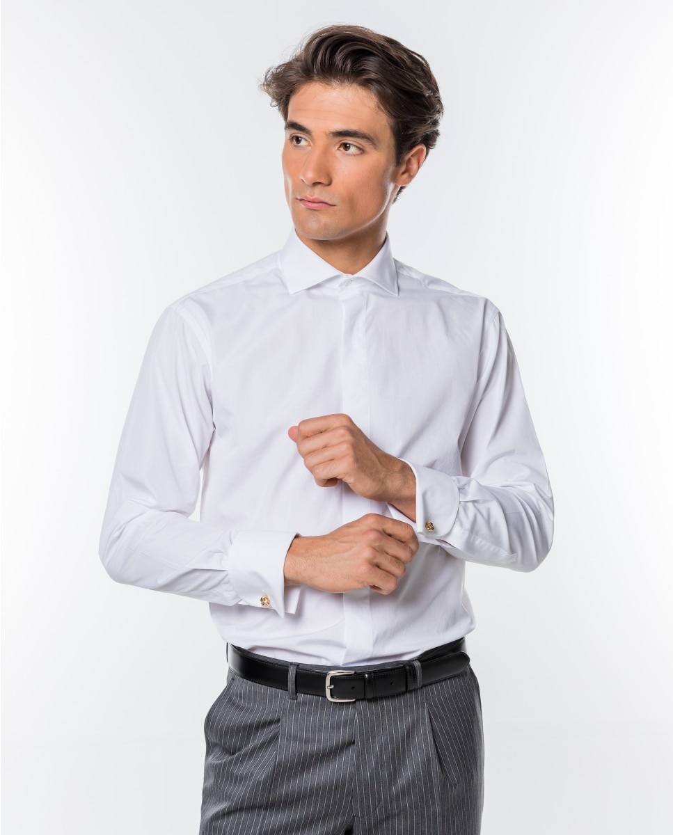 Wickett Jones - Camisa smoking algodón de hombre soft slim liso en blanco.
