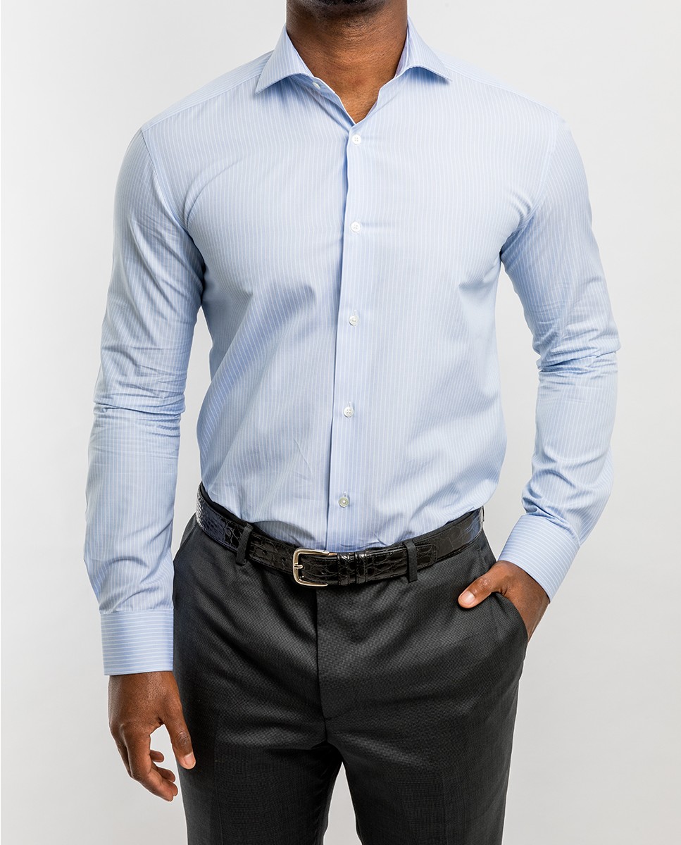 Wickett Jones - Camisa algodón de hombre soft slim con rayas en azul.