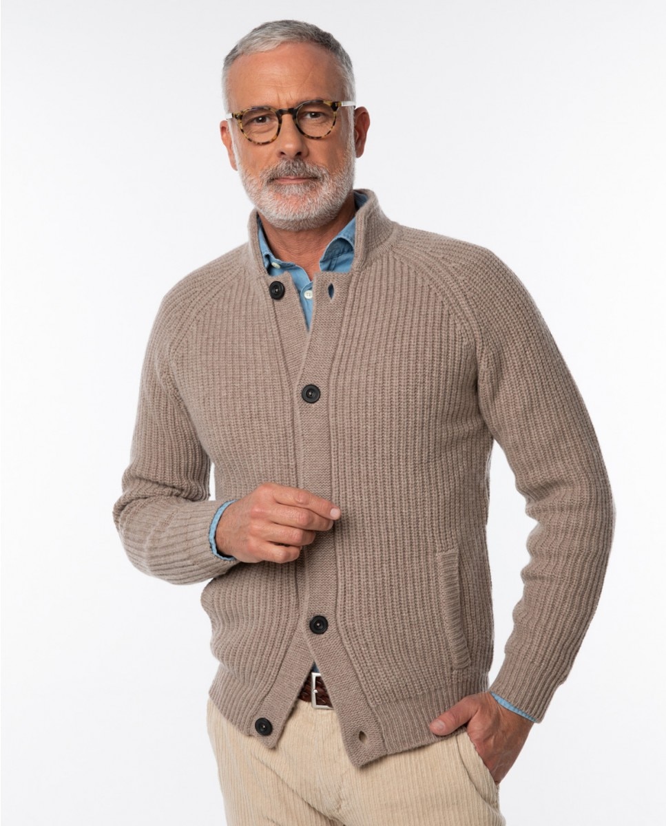 Chaqueta de punto de hombre 100 lana en beige oscuro