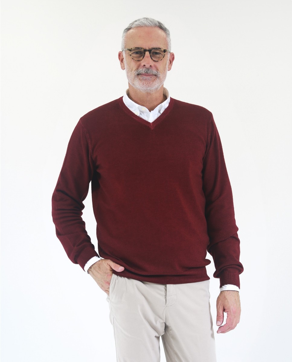 Jersey de hombre 100% lana fina merino en - Wickett Jones - Burdeos Burdeos-1