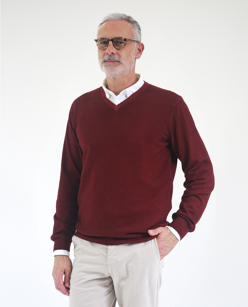 Jersey de hombre 100% lana fina merino en - Wickett Jones - Burdeos Burdeos-4