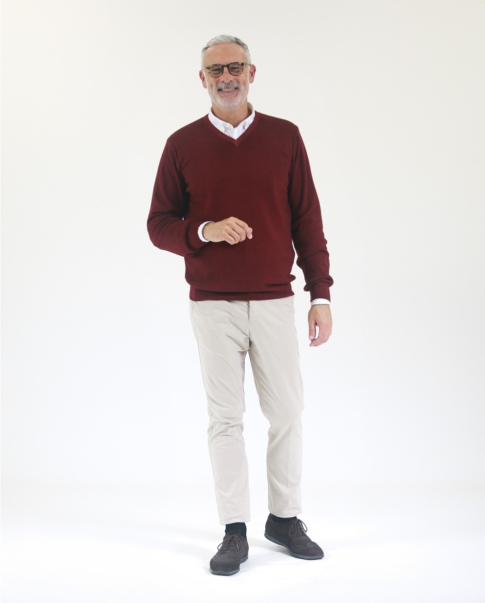 Jersey de hombre 100% lana fina merino en - Wickett Jones - Burdeos Burdeos-5