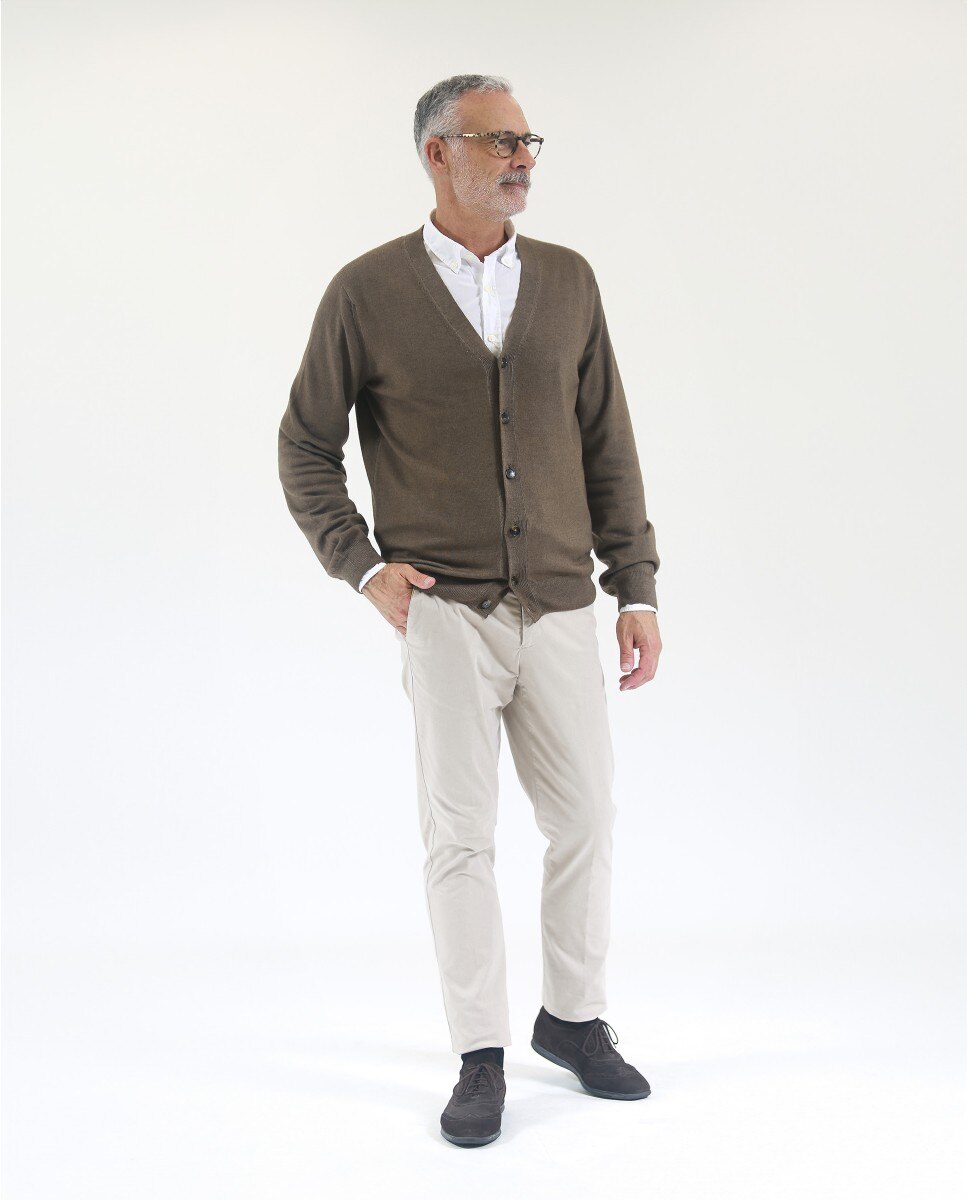 Chaqueta de punto de hombre 100% lana fina merino en - Wickett Jones - Marrón claro Marrón claro-6