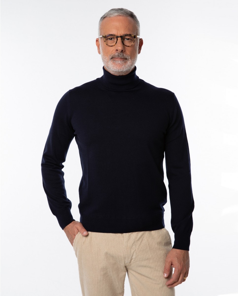 Jersey de hombre 100 lana fina merino en azul oscuro con cuello alto