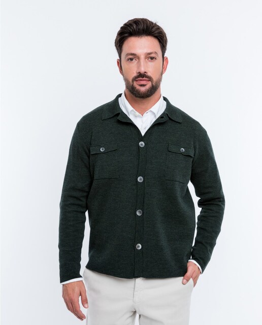 Imagen 0 de Chaqueta de punto de hombre 100% lana fina merino en verde oscuro