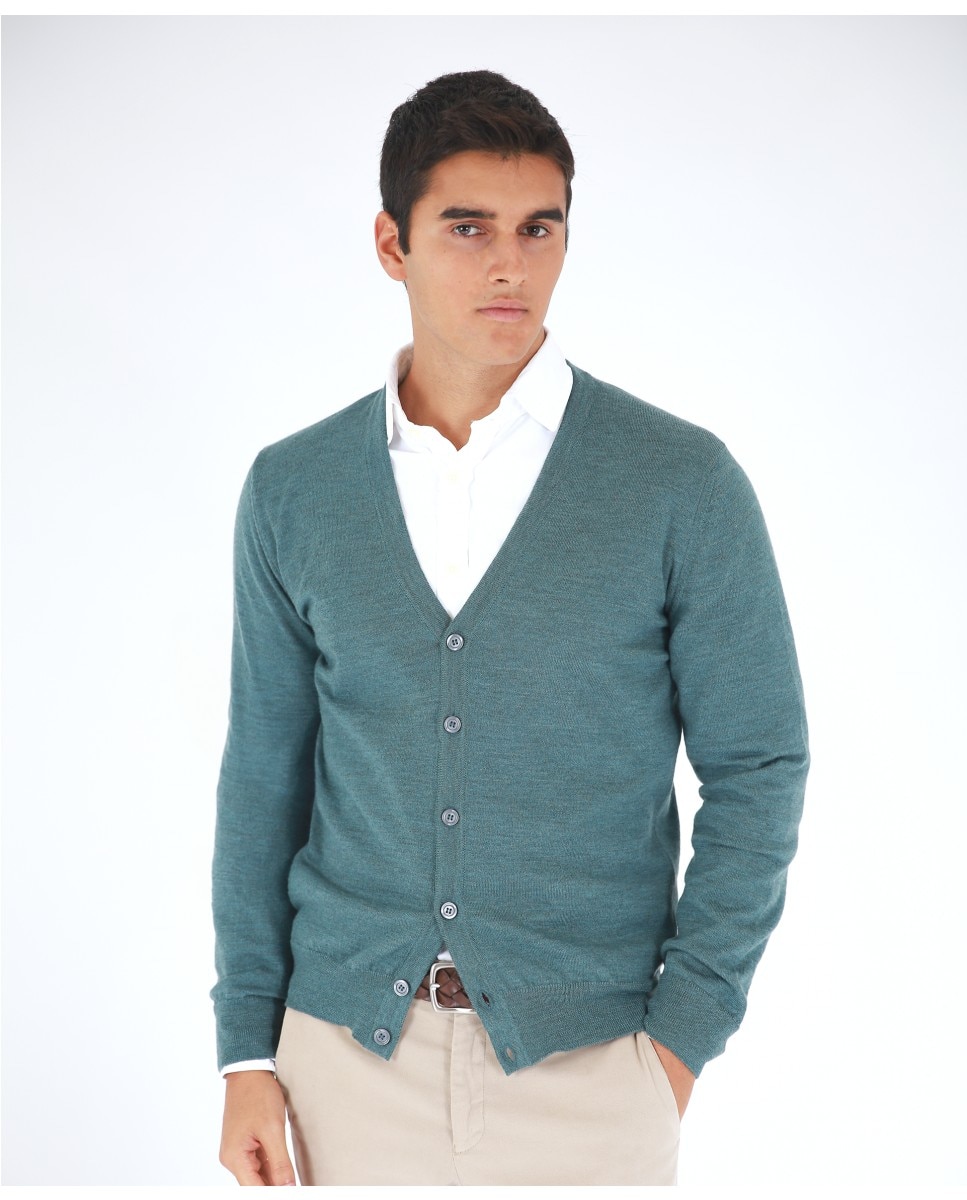 Imagen 0 de Chaqueta de punto de hombre 100% lana fina merino en verde petróleo Verde