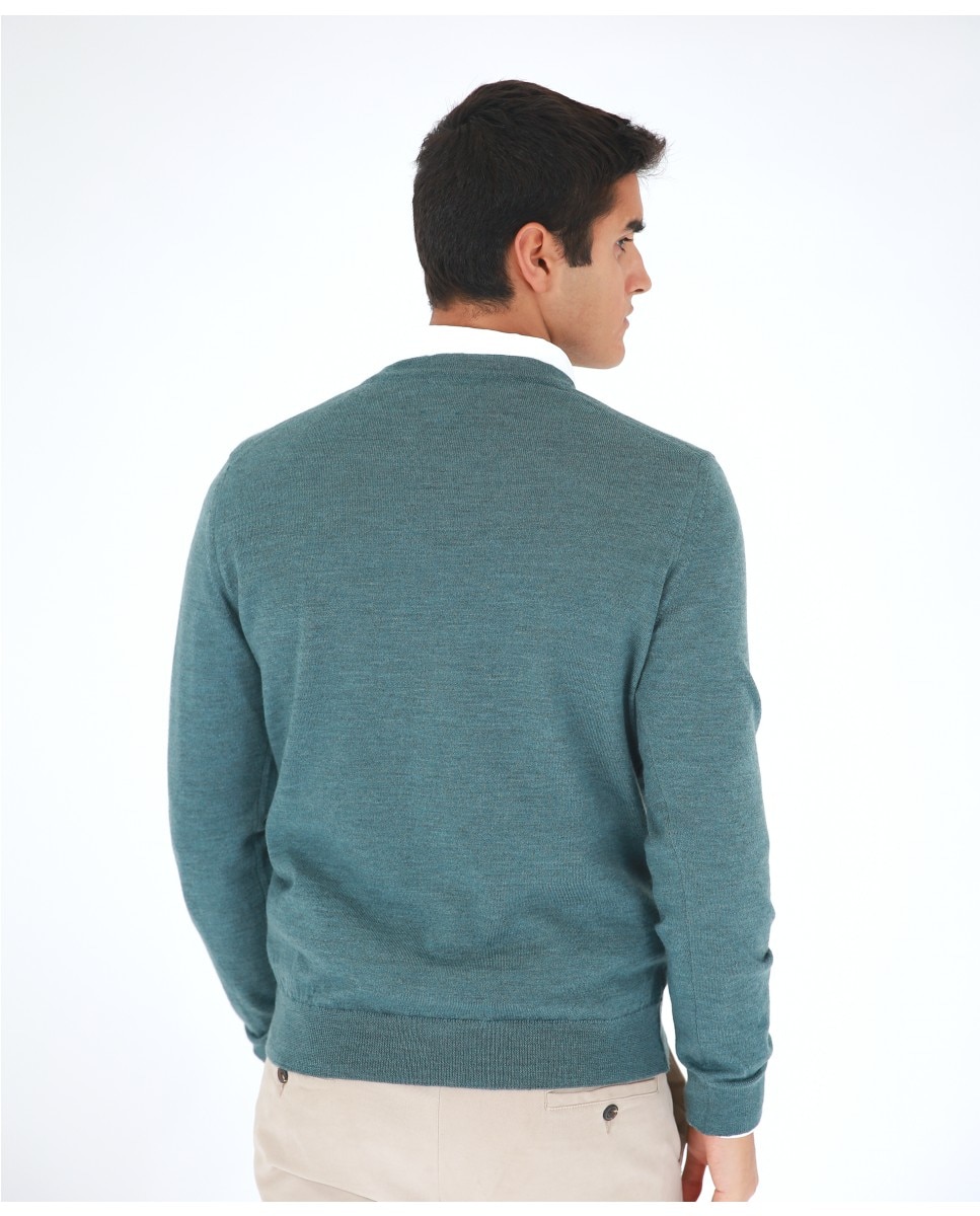 Chaqueta de punto de hombre 100% lana fina merino en petróleo - Wickett Jones - Verde Verde-2