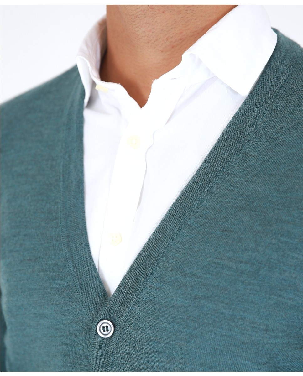 Chaqueta de punto de hombre 100% lana fina merino en petróleo - Wickett Jones - Verde Verde-3