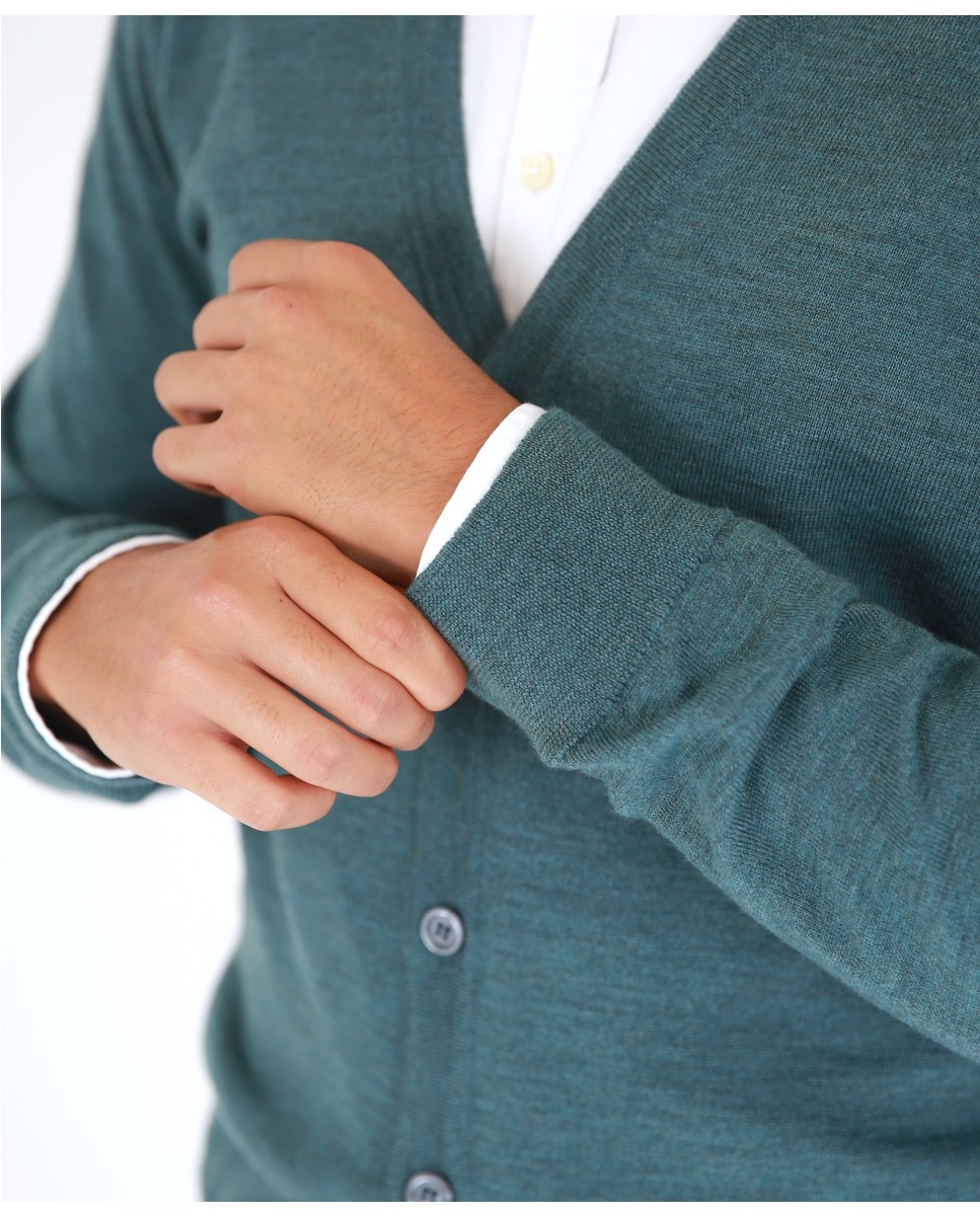Chaqueta de punto de hombre 100% lana fina merino en petróleo - Wickett Jones - Verde Verde-4
