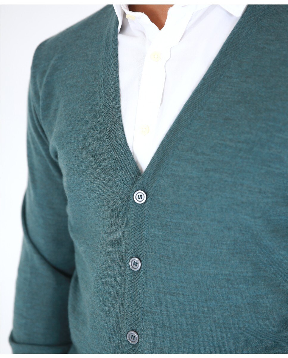 Chaqueta de punto de hombre 100% lana fina merino en petróleo - Wickett Jones - Verde Verde-6