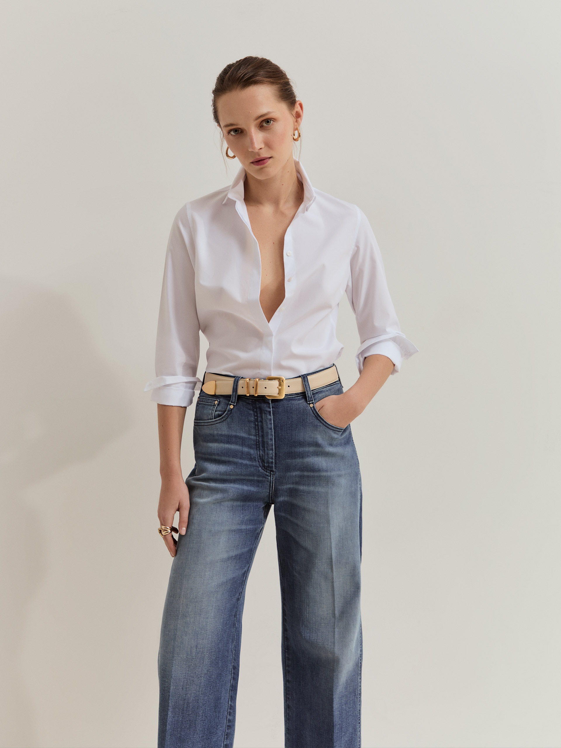 Camisa clásica de mujer con tapeta oculta - Lion of Porches - Blanco Blanco-2