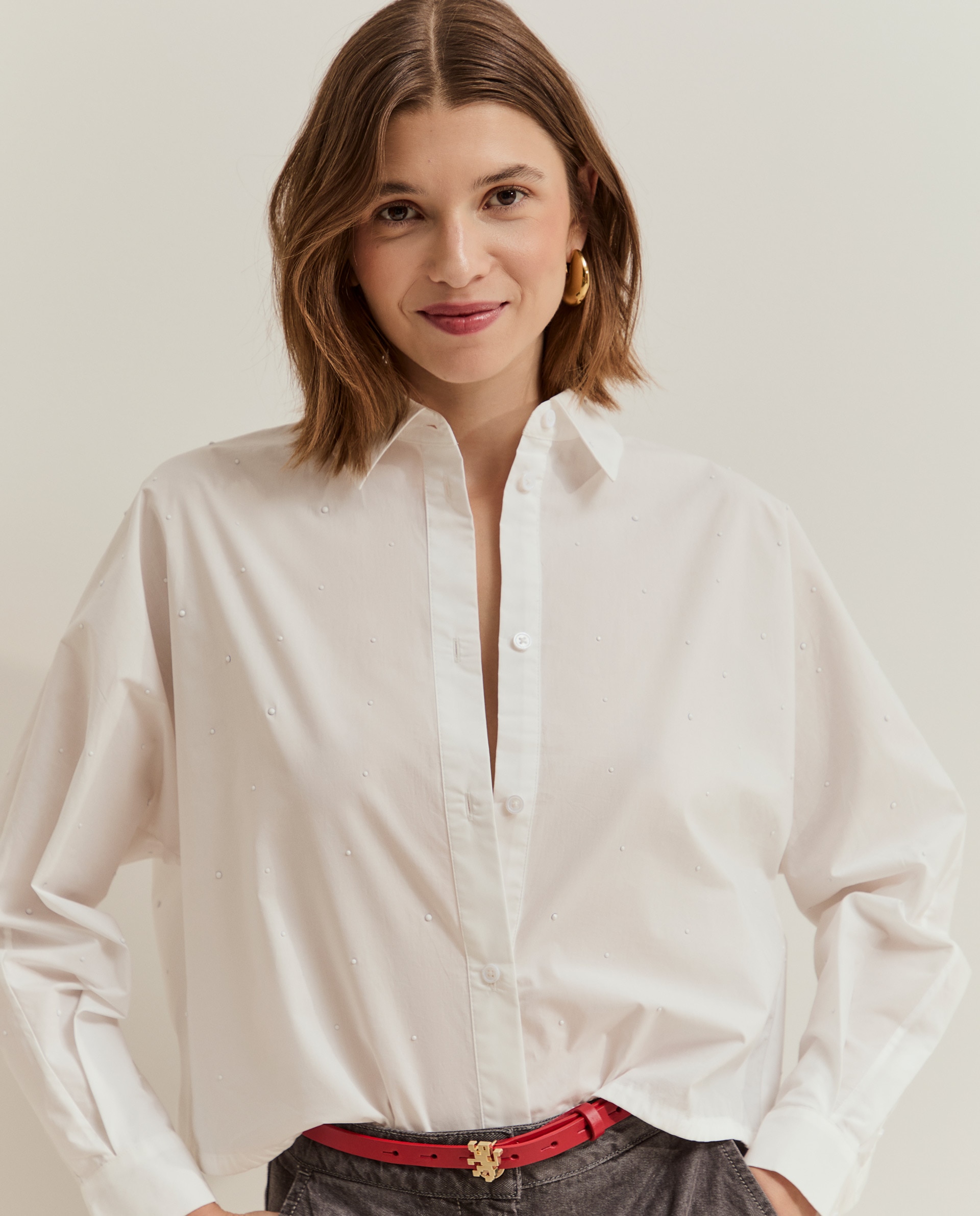 Camisa corta de mujer con pedrería - Lion of Porches - Blanco Blanco-1