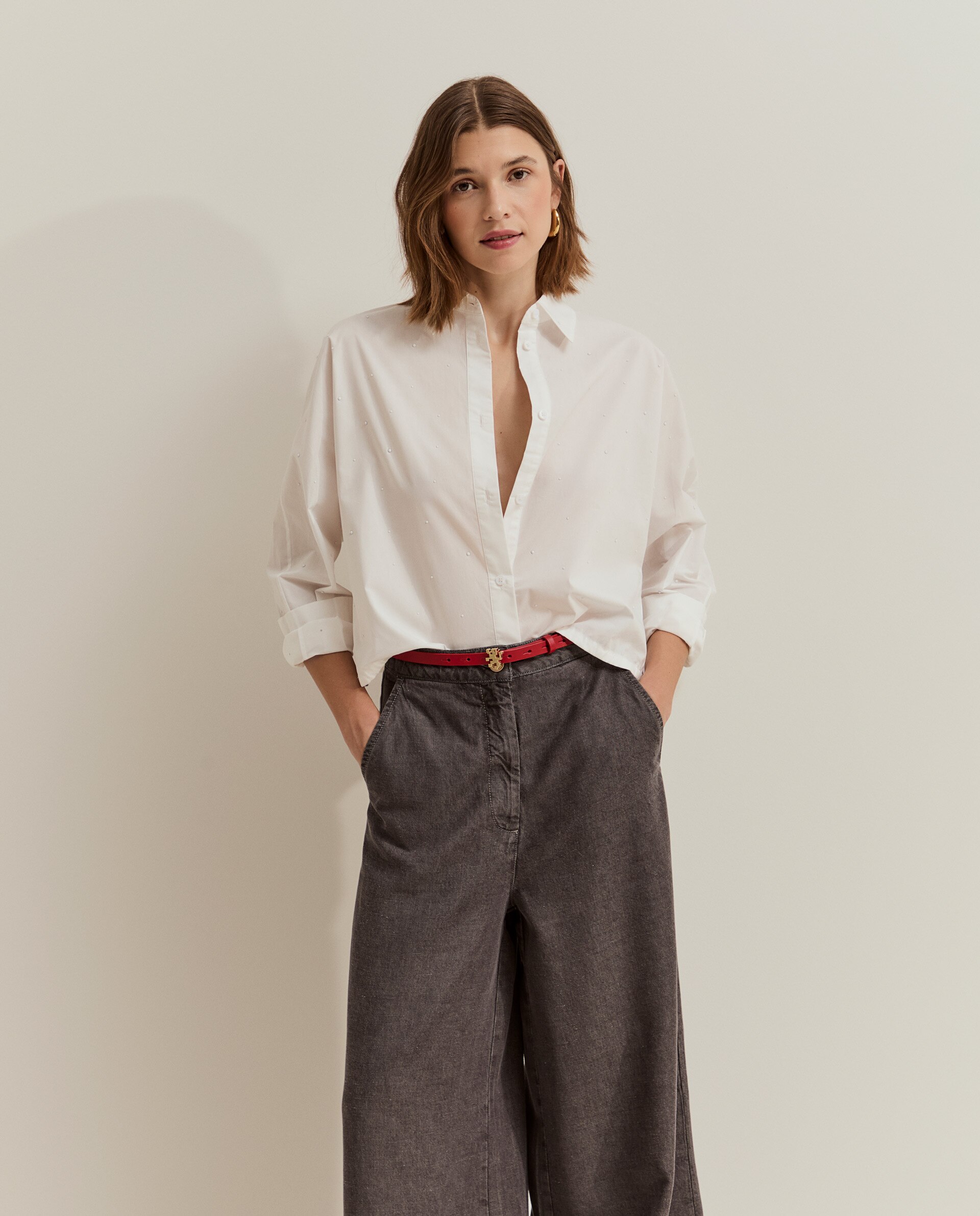Camisa corta de mujer con pedrería - Lion of Porches - Blanco Blanco-4