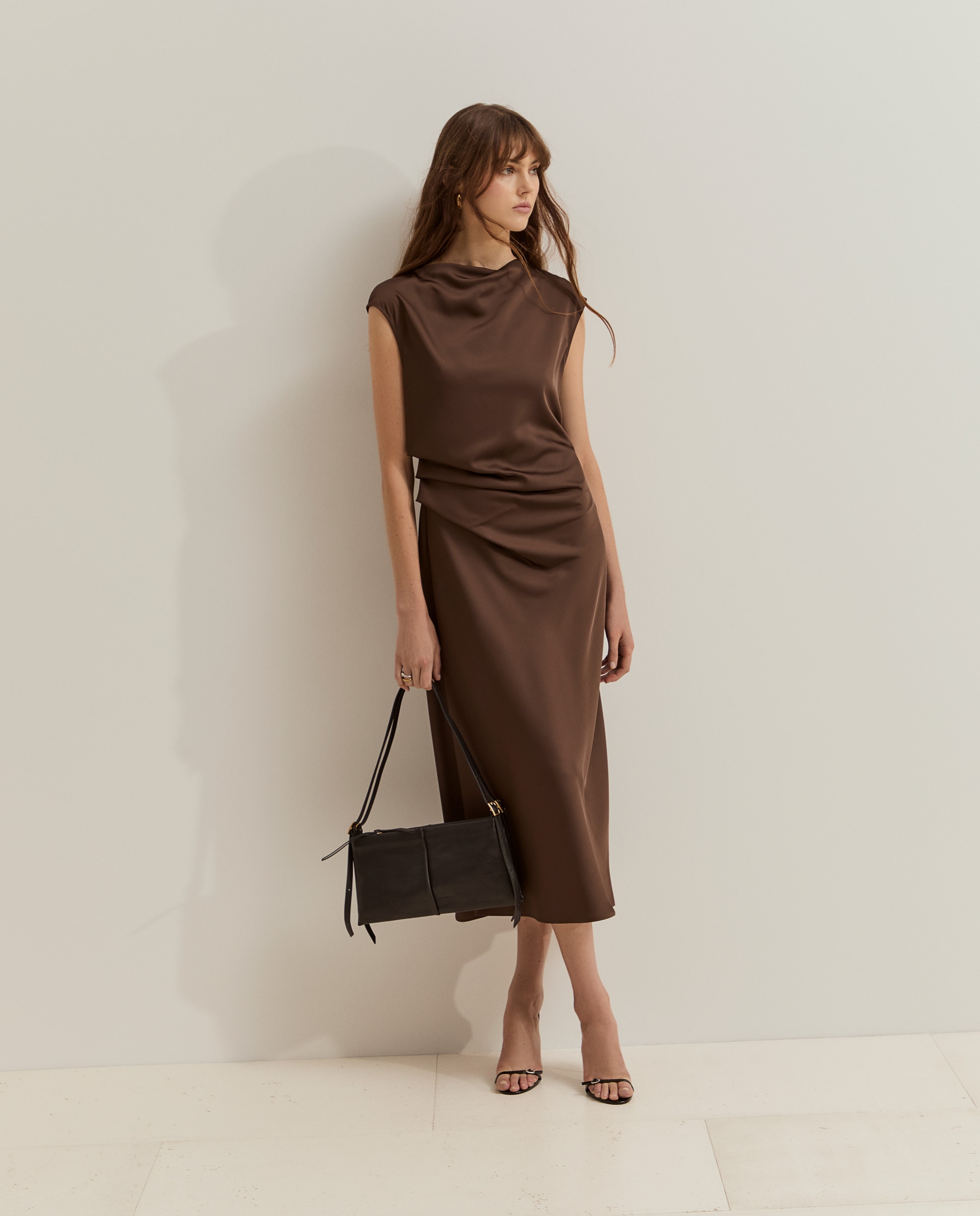 Vestido midi de mujer de satén - Lion of Porches - Marrón Marrón-1