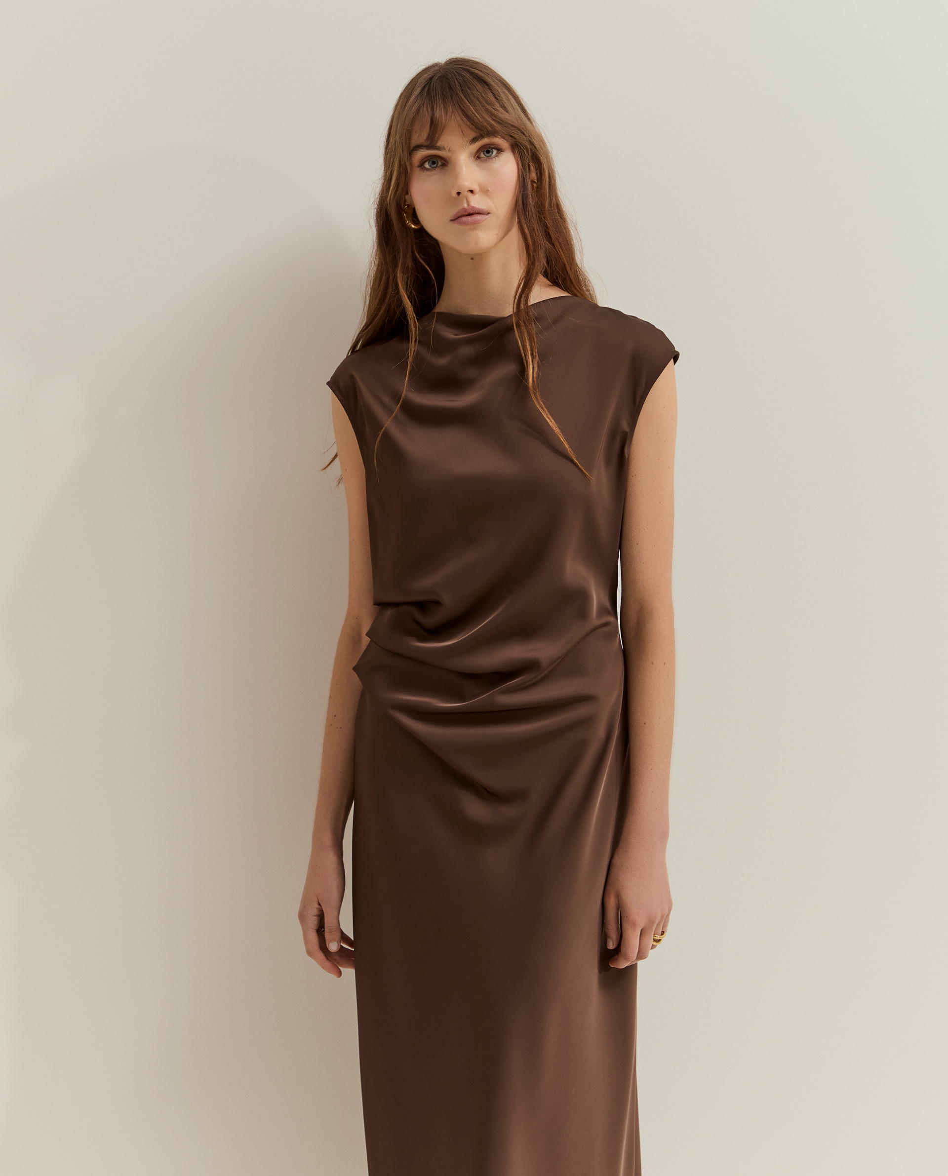 Vestido midi de mujer de satén - Lion of Porches - Marrón Marrón-2