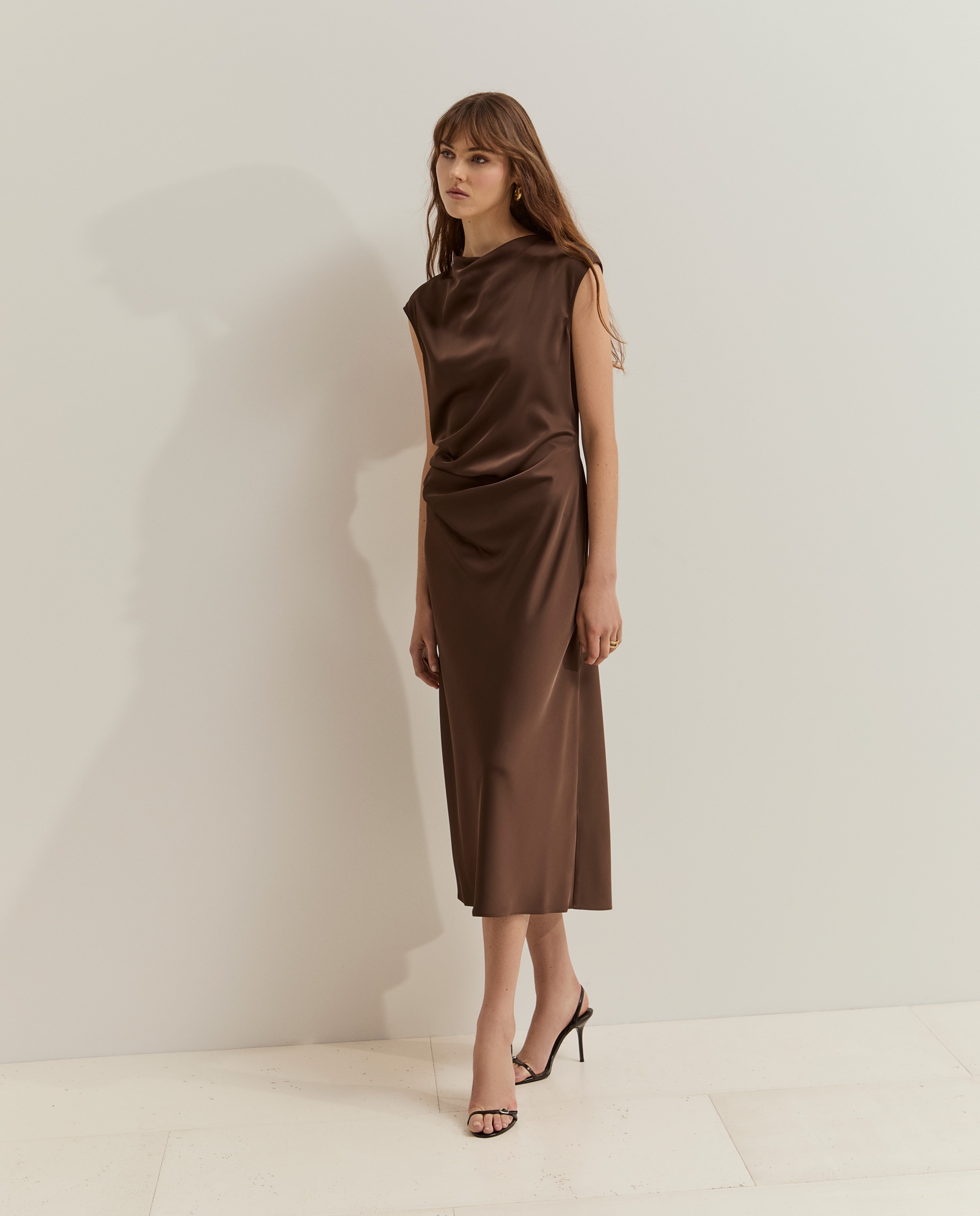 Vestido midi de mujer de satén - Lion of Porches - Marrón Marrón-4