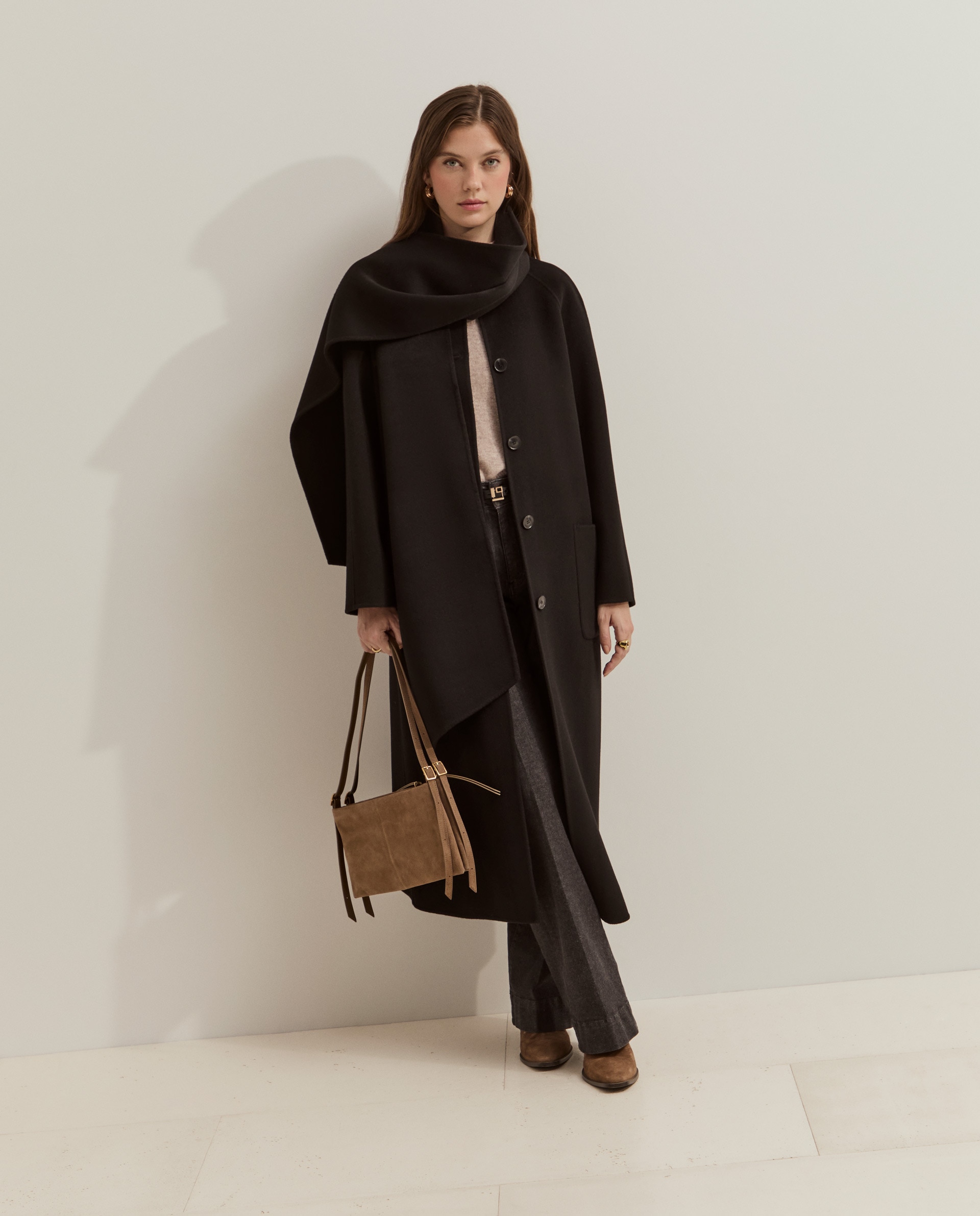 Abrigo de mujer largo en lana - Lion of Porches - Negro Negro-1