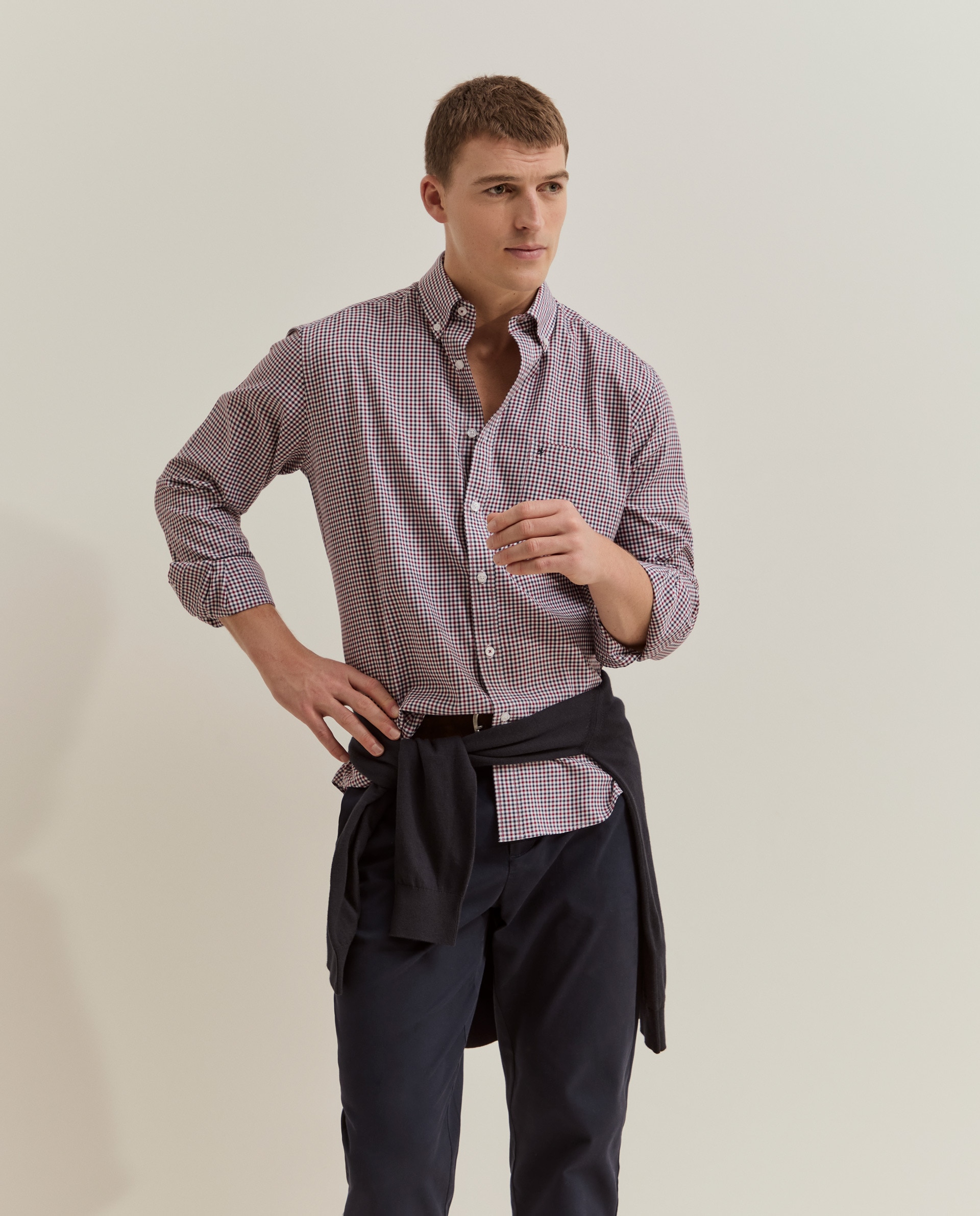 Camisa de hombre de algodón y liocel con estampado de cuadros - Lion of Porches - Burdeos Burdeos-4