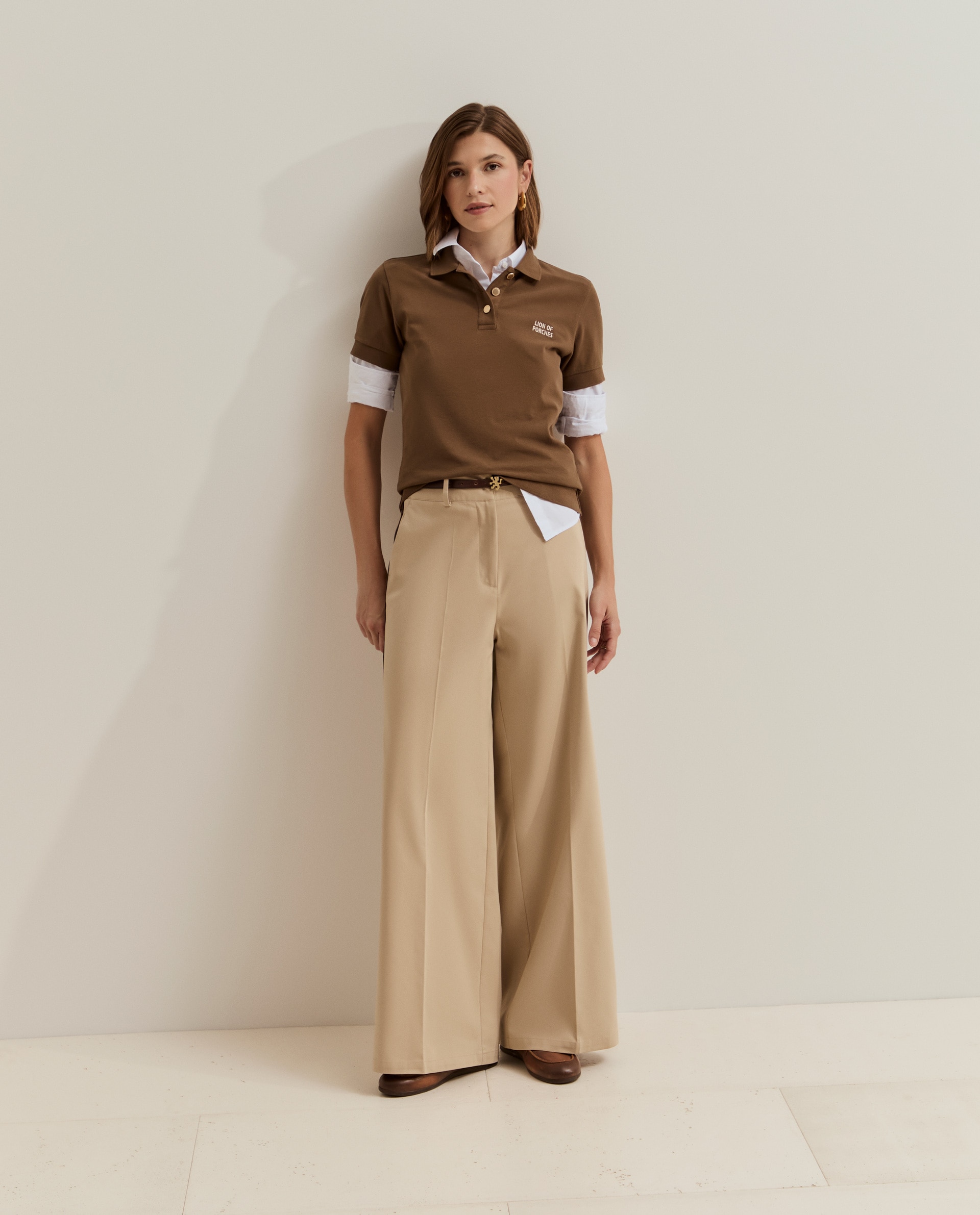 Pantalones ancho de mujer en tejido técnico - Lion of Porches - Beige Beige-4