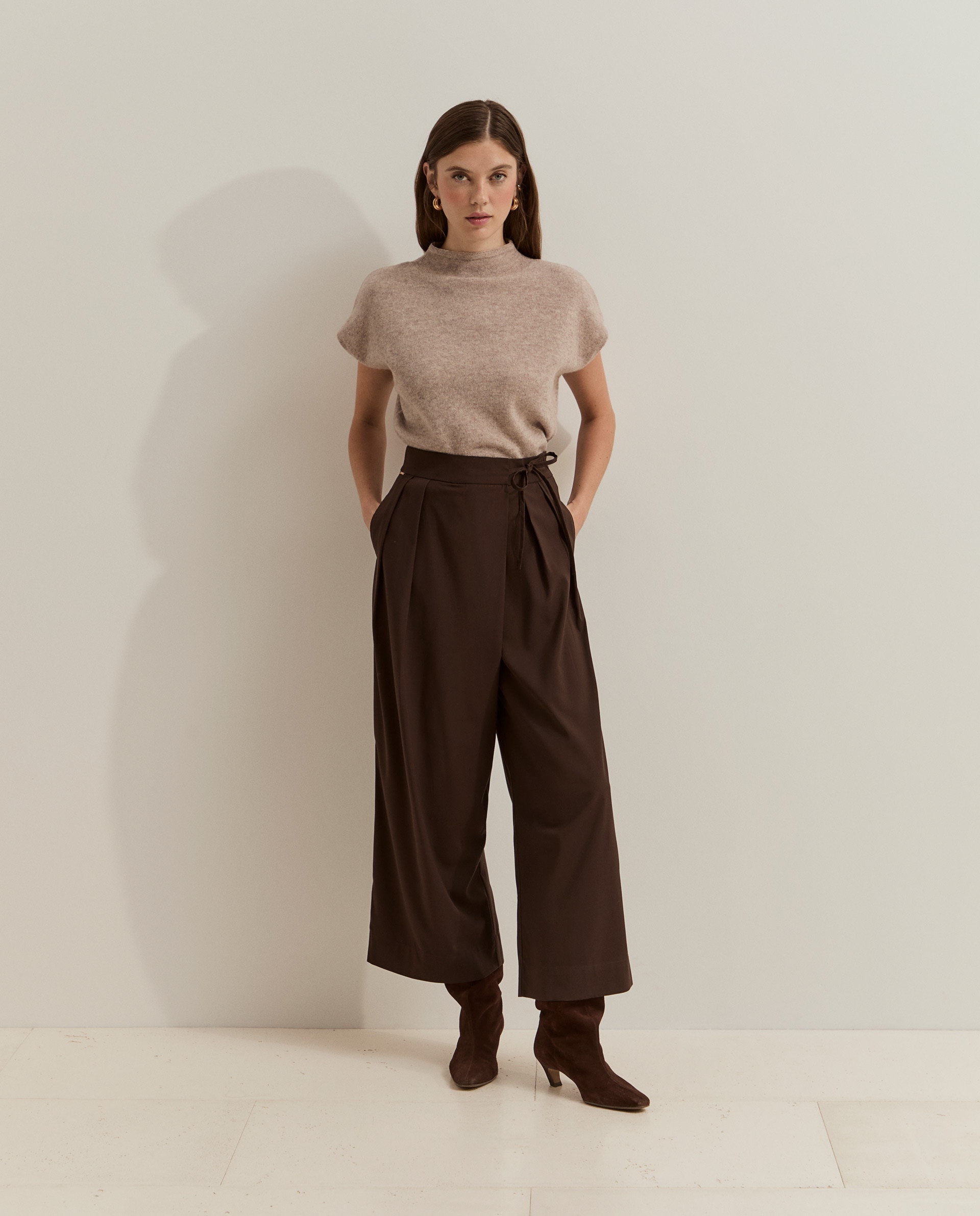 Pantalones de mujer pierna ancha con pliegues - Lion of Porches - Marrón Marrón-4