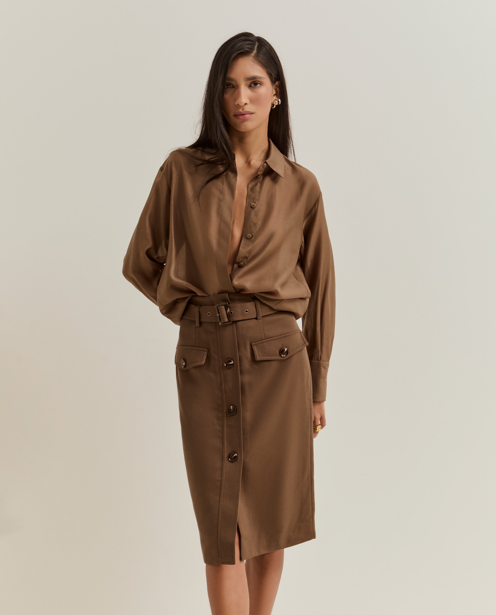 Camisa fluida de mujer en lyocell - Lion of Porches - Marrón Marrón-4