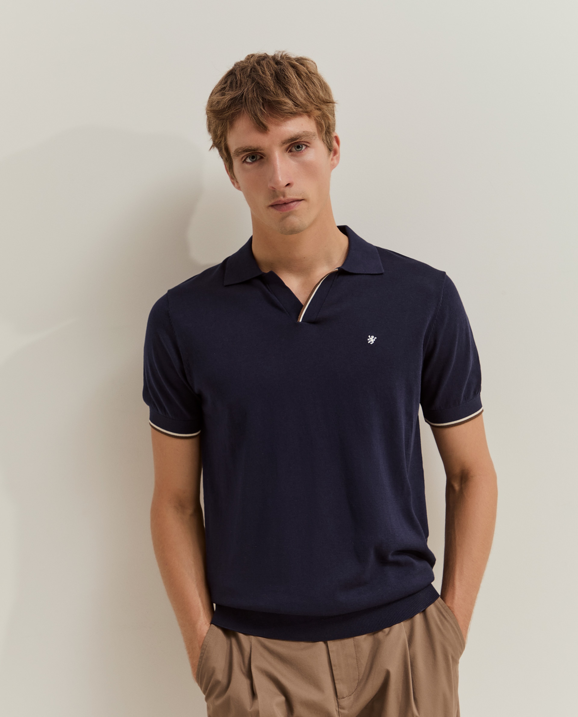 Polo de manga corta de hombre en seda y algodón - Lion of Porches - Azul marino Azul marino-4