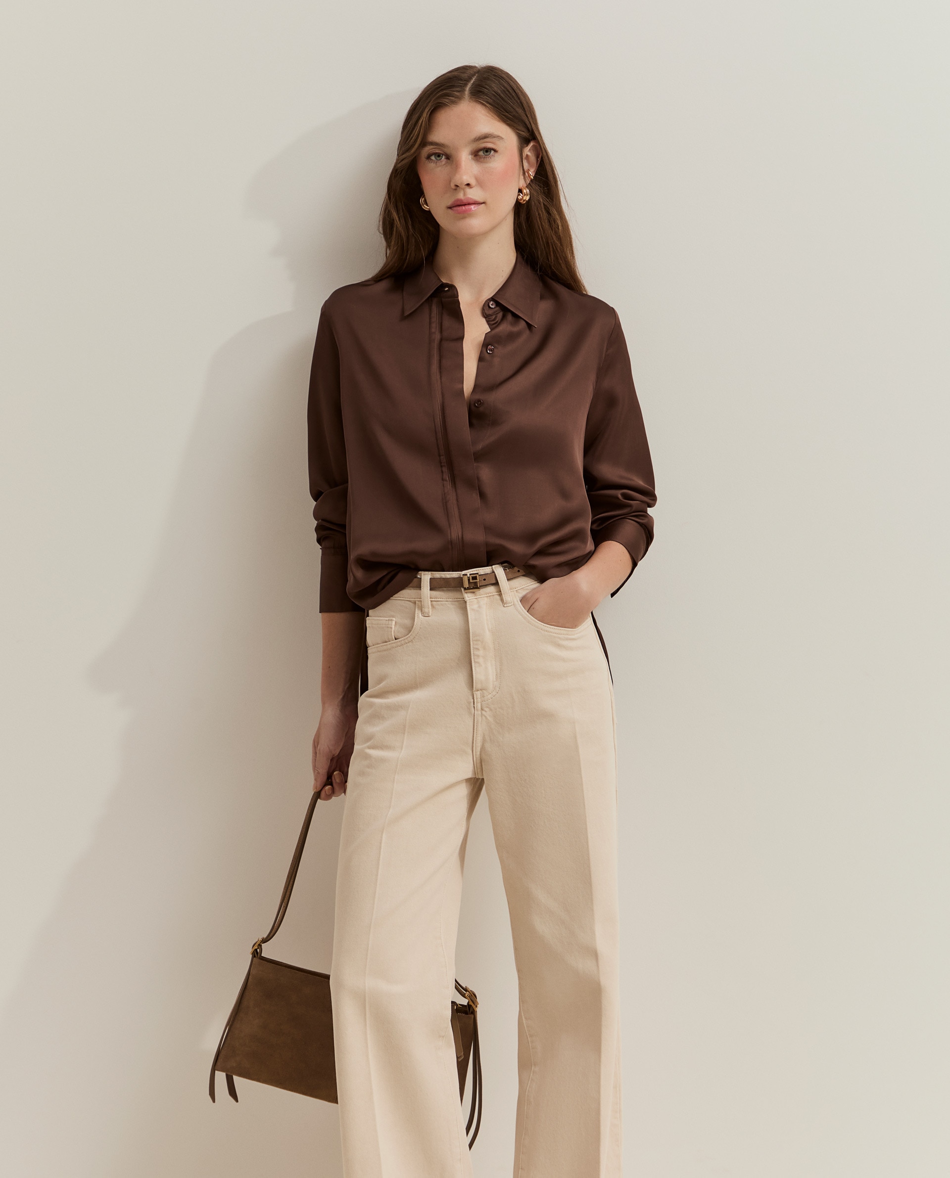 Camisa de mujer en satén - Lion of Porches - Marrón Marrón-1