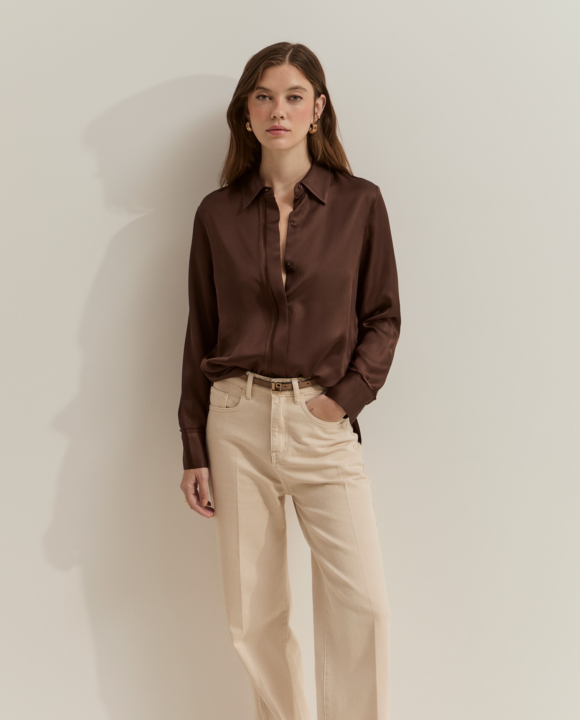 Camisa de mujer en satén - Lion of Porches - Marrón Marrón-2