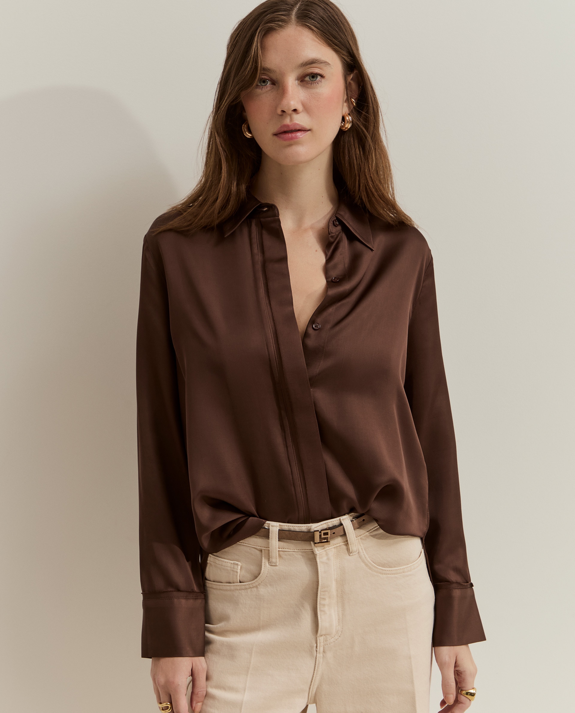 Camisa de mujer en satén - Lion of Porches - Marrón Marrón-4