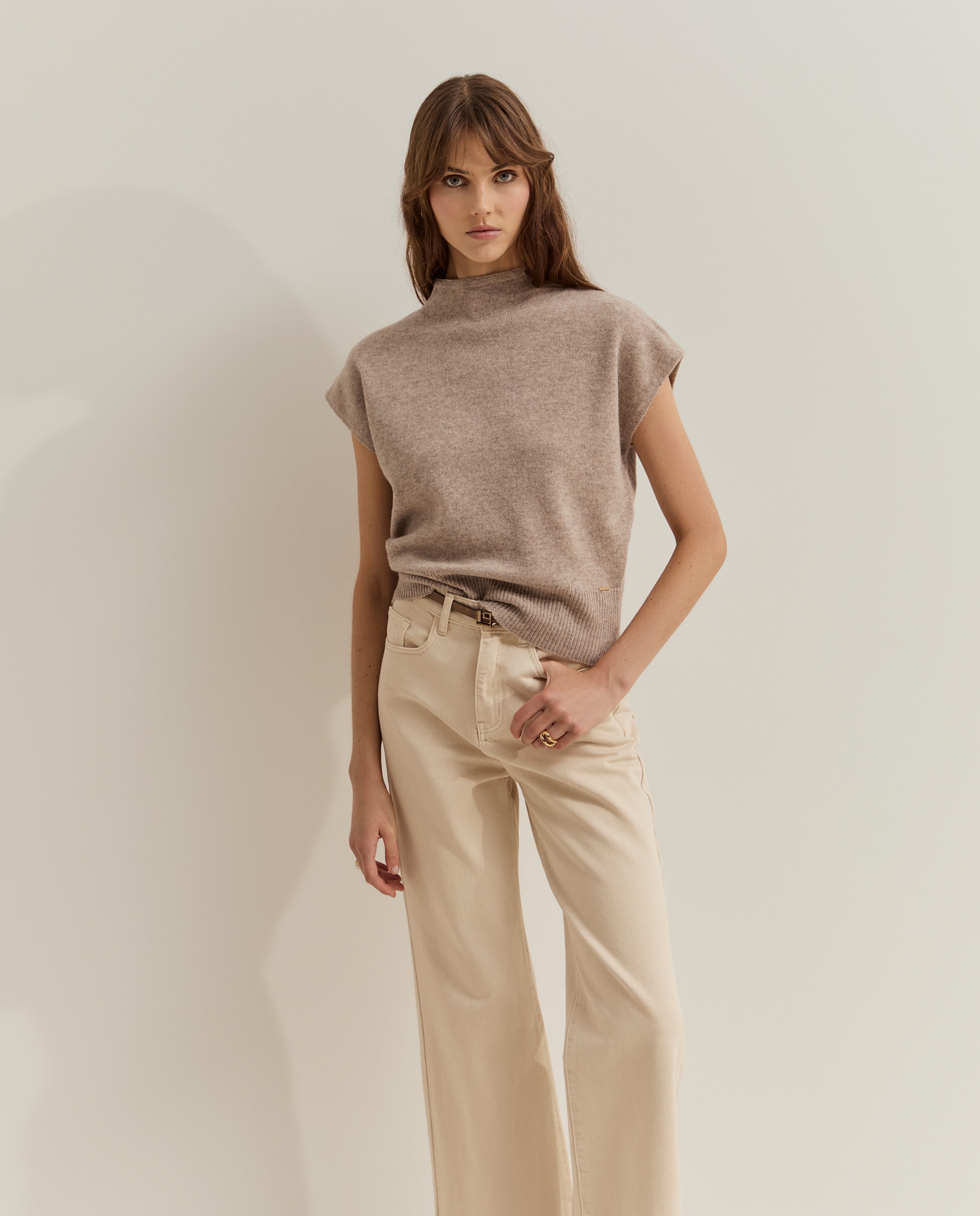 Jersey de mujer de lana de manga corta - Lion of Porches - Beige Beige-1